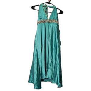 To the Max teal 100% Silk lining beaded belt halter dress